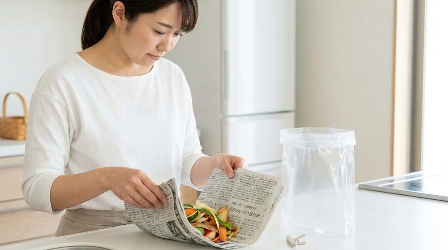 臭いを防ぐパン袋と新聞紙による水分除去