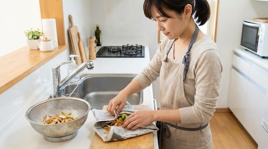 新聞紙と水切りで菌の繁殖を抑える