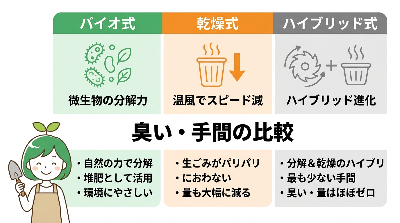 生ゴミ処理機バイオ式の仕組みと他方式との比較