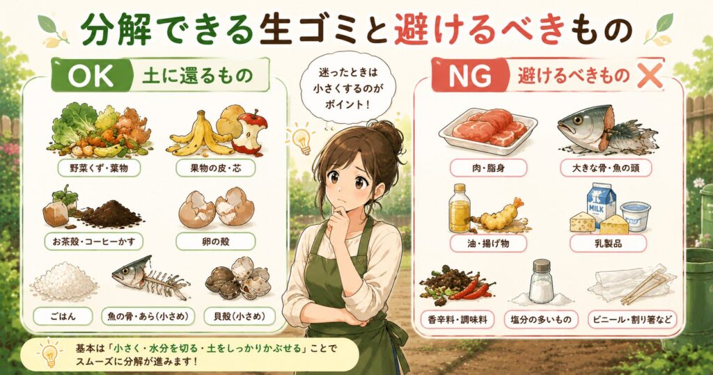 分解できる生ゴミと避けるべきもの
