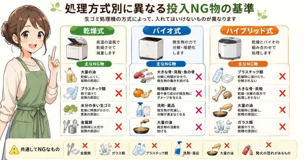 処理方式別に異なる投入NG物の基準