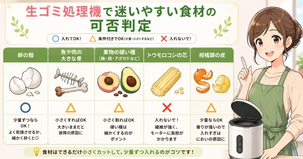 生ゴミ処理機で迷いやすい食材の可否判定
