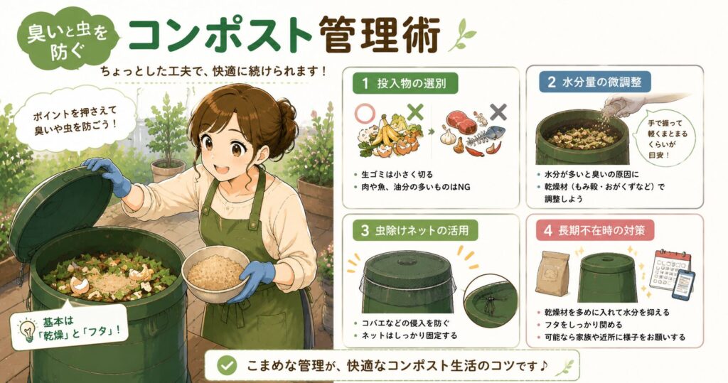 臭いと虫を防ぐコンポスト管理術