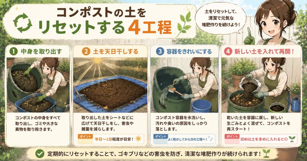 コンポストの土をリセットする4工程