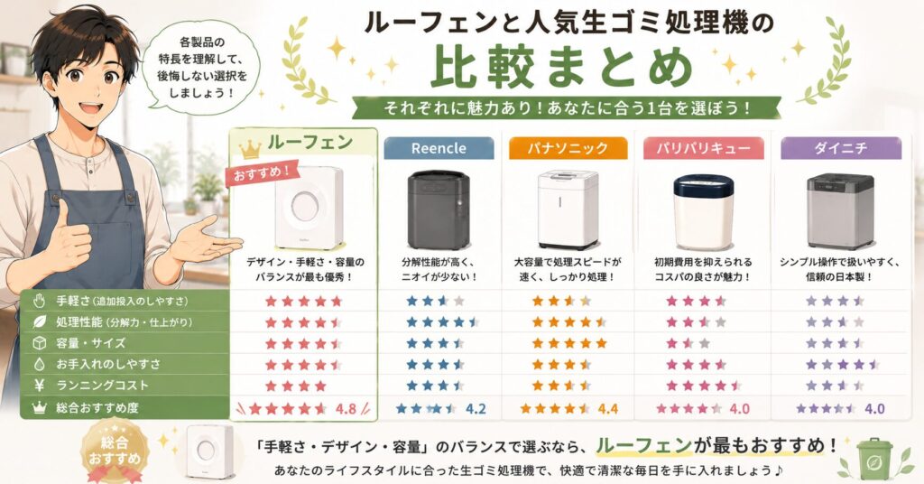 ルーフェンと人気生ゴミ処理機の比較まとめ