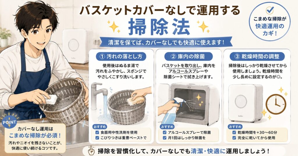 バスケットカバーなしで運用する掃除法