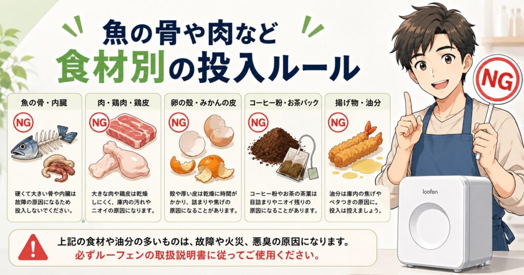 魚の骨や肉など食材別の投入ルール