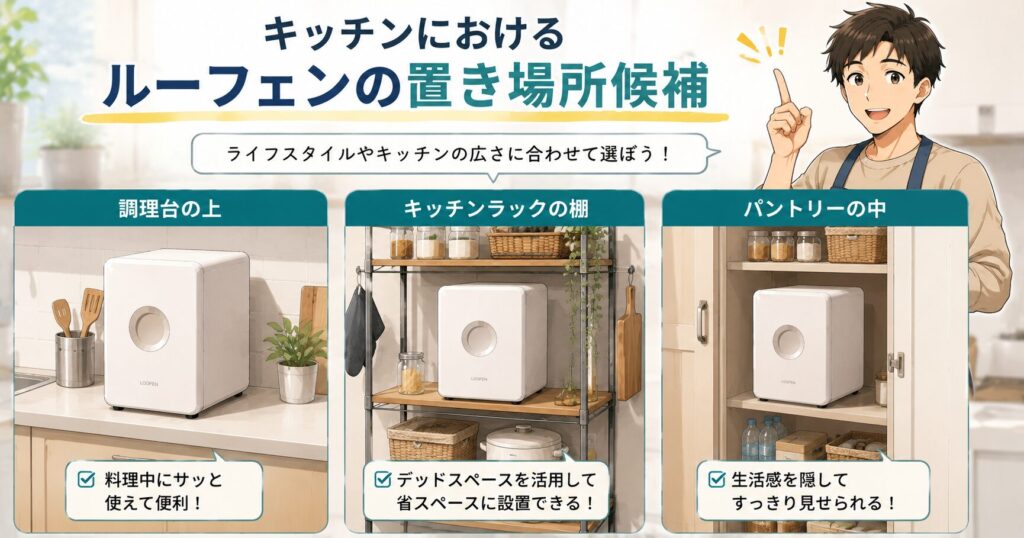 キッチンにおけるルーフェンの置き場所候補