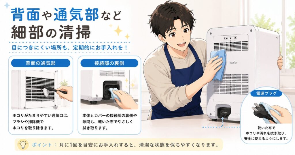 背面や通気部など細部の清掃