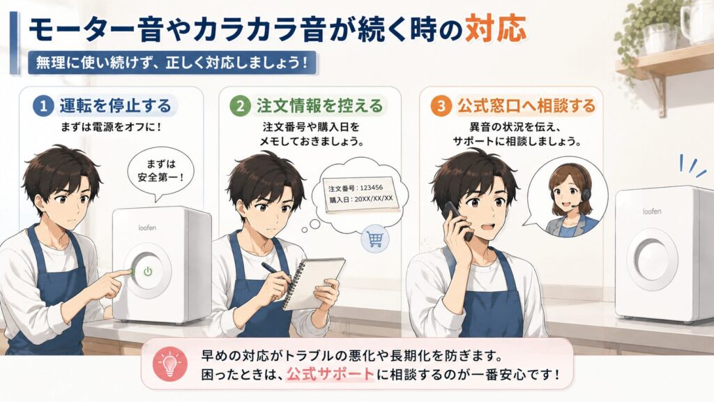 ルーフェンのモーター音やカラカラ音が続く時の対応