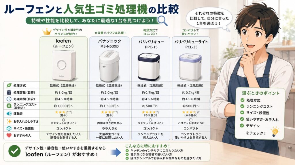 ルーフェンと人気生ゴミ処理機の比較