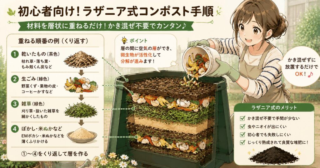 初心者向けのラザニア式コンポスト手順