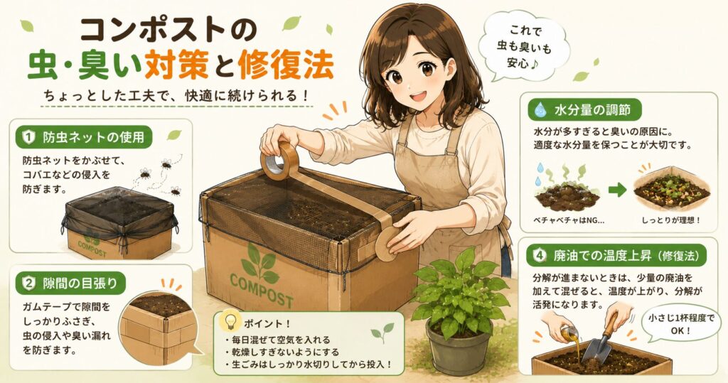 コンポストの虫・臭い対策と修復法
