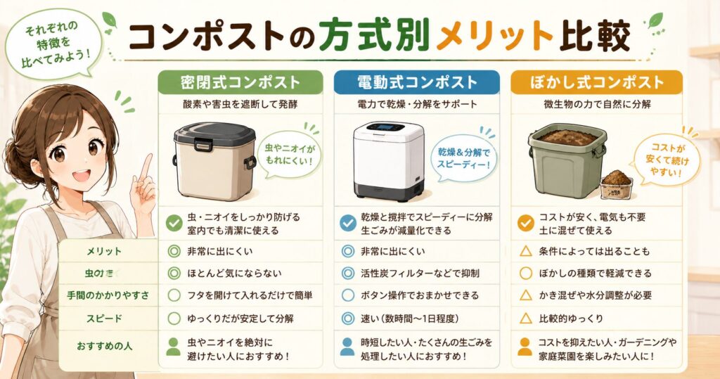 コンポストの方式別メリット比較