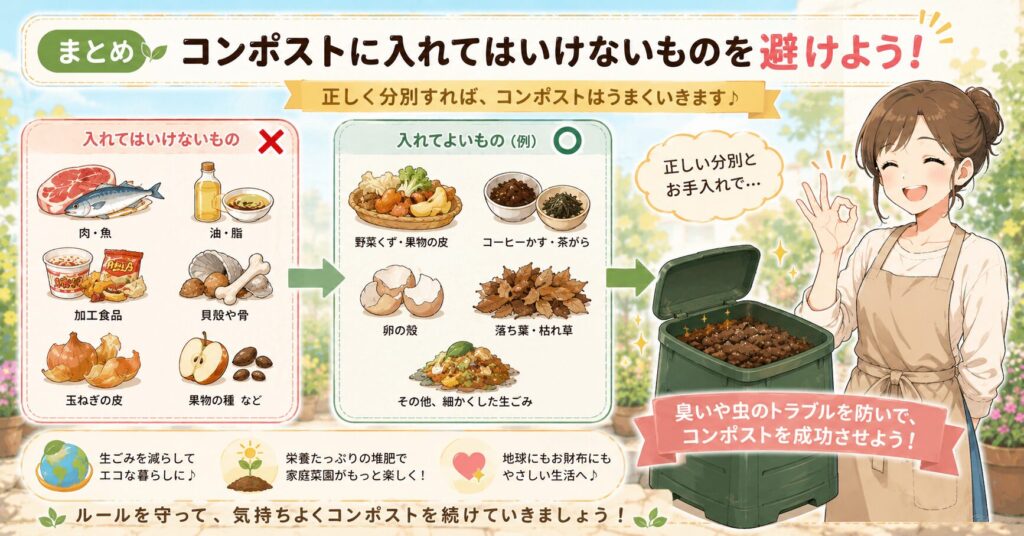 まとめ：コンポストに入れてはいけないものを避けよう