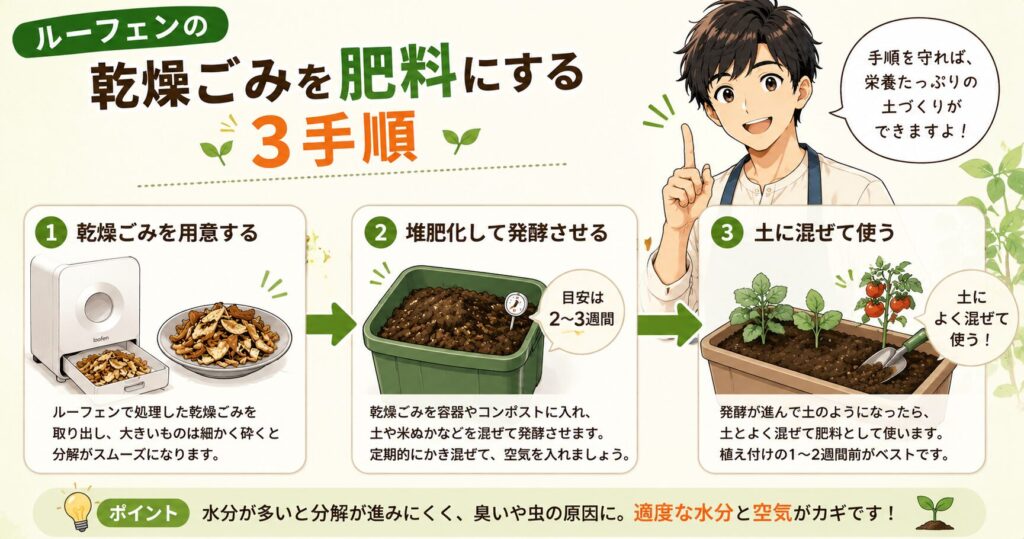 ルーフェンの乾燥ごみを肥料にする3手順