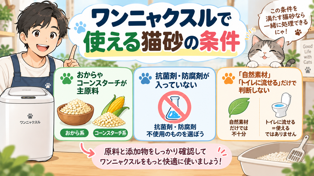 ワンニャクスルで使える猫砂の条件