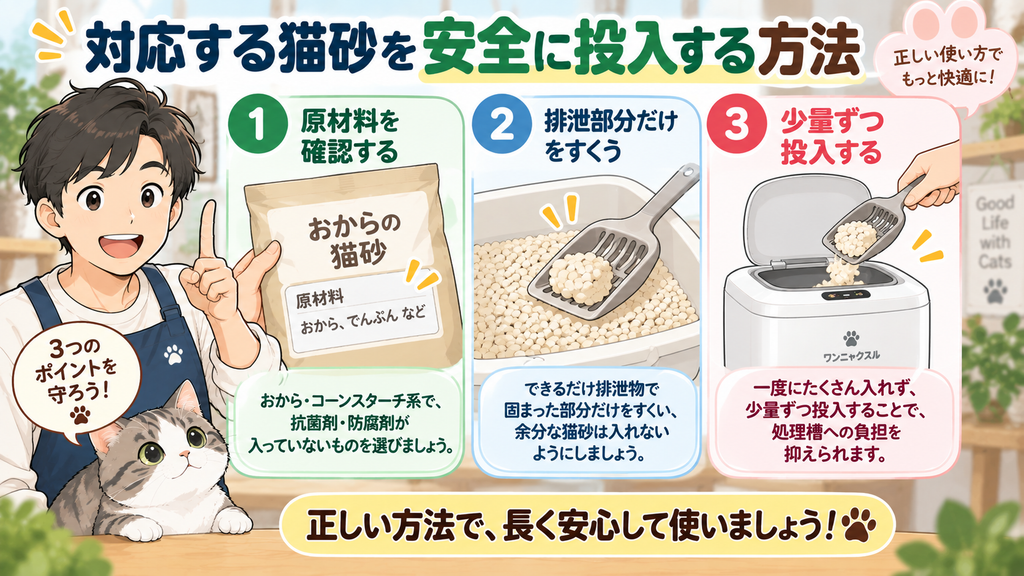 対応する猫砂を安全に投入する方法