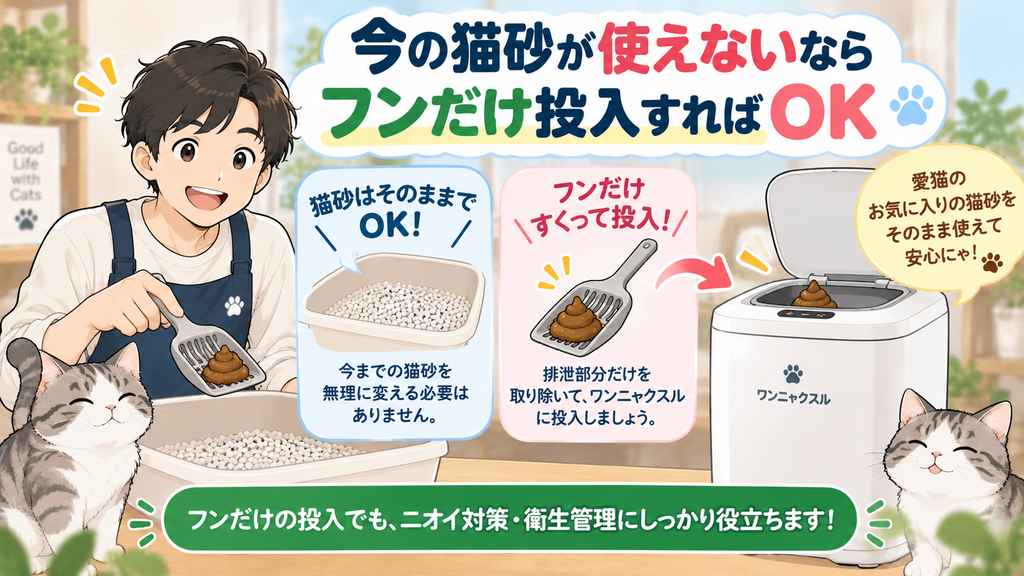 今の猫砂が使えないならフンだけ投入すればOK