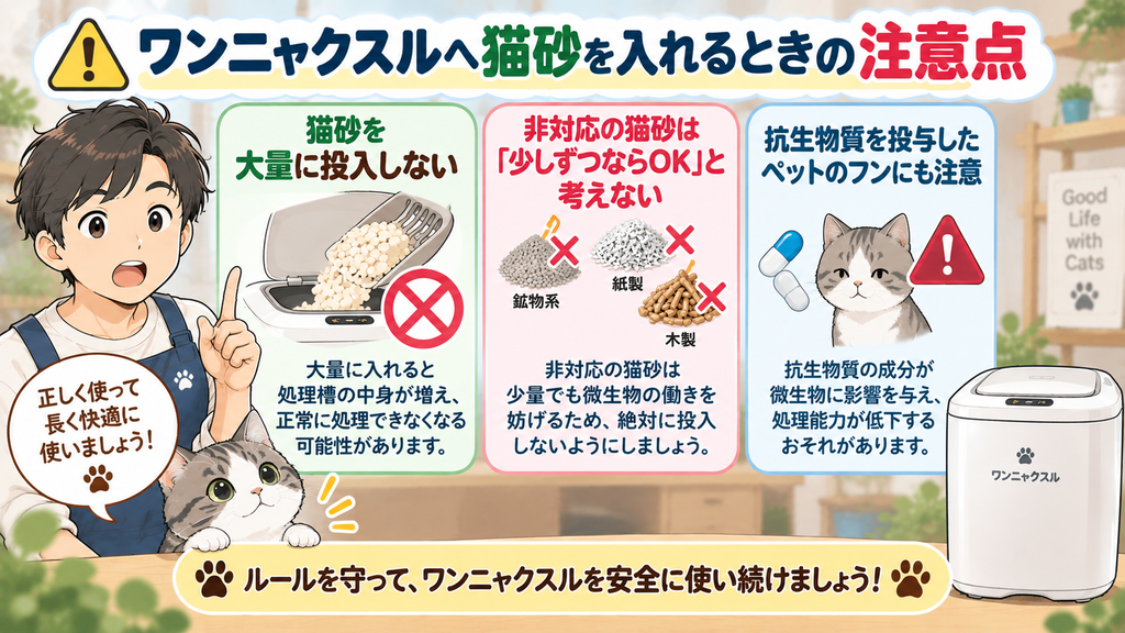 ワンニャクスルへ猫砂を入れるときの注意点